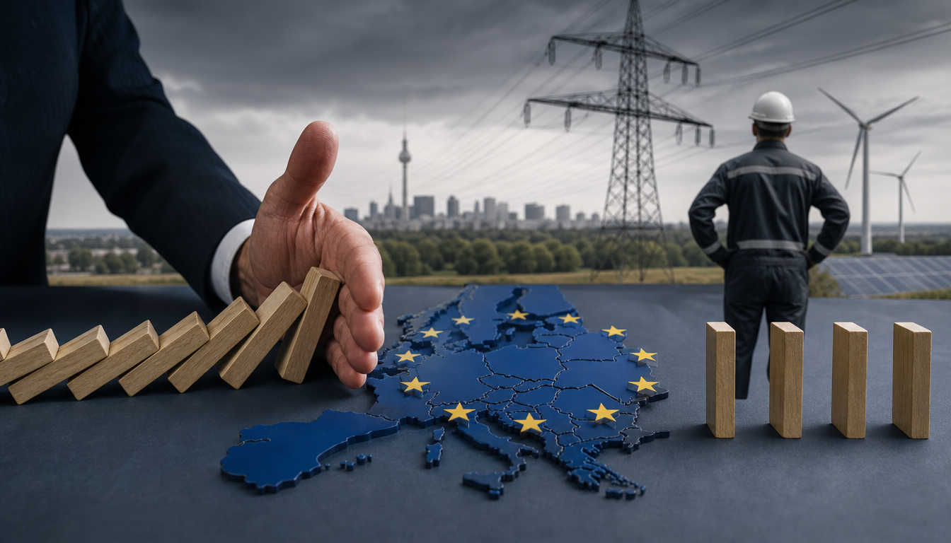 Hochspannungsmasten und Stromleitungen im Abendlicht vor einer europäischen Landschaft, symbolisch für grenzüberschreitende Strominfrastruktur und Netzausbau