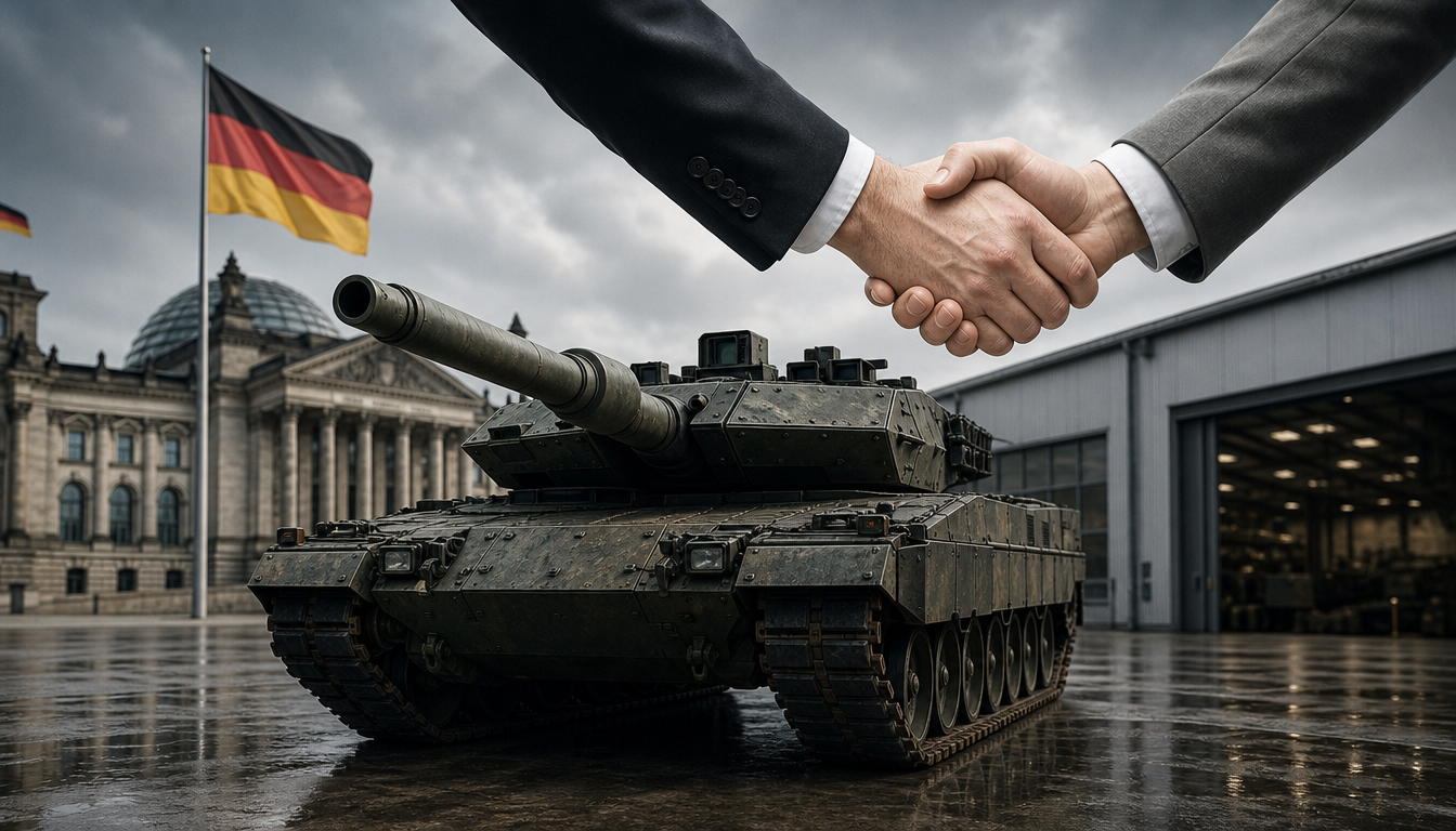 Leopard-2-Kampfpanzer der Bundeswehr auf einem Truppenübungsplatz, im Hintergrund bewaldetes Gelände und grauer Himmel