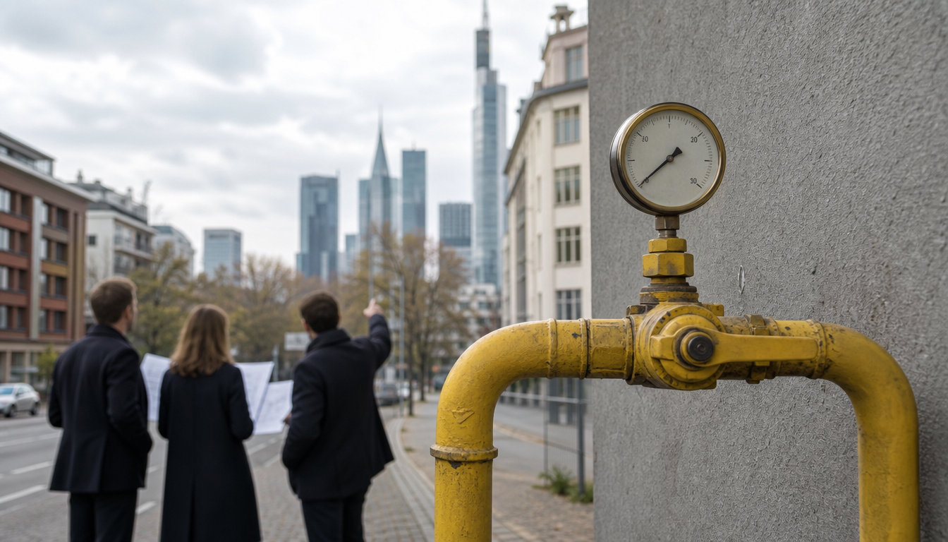 Techniker prüft unterirdische Gasleitungen in einer deutschen Großstadt, im Hintergrund ein modernes Fernwärmenetz mit Rohren und Dämmung