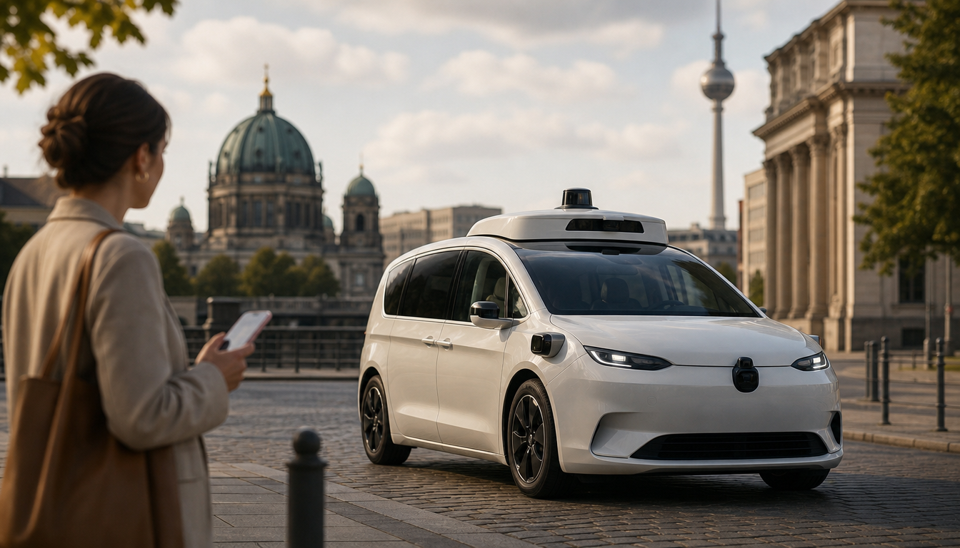 Autonomes Fahrzeug mit Sensordach und Kameramodulen auf einer städtischen Straße in der Dämmerung, im Hintergrund moderne Stadtarchitektur
