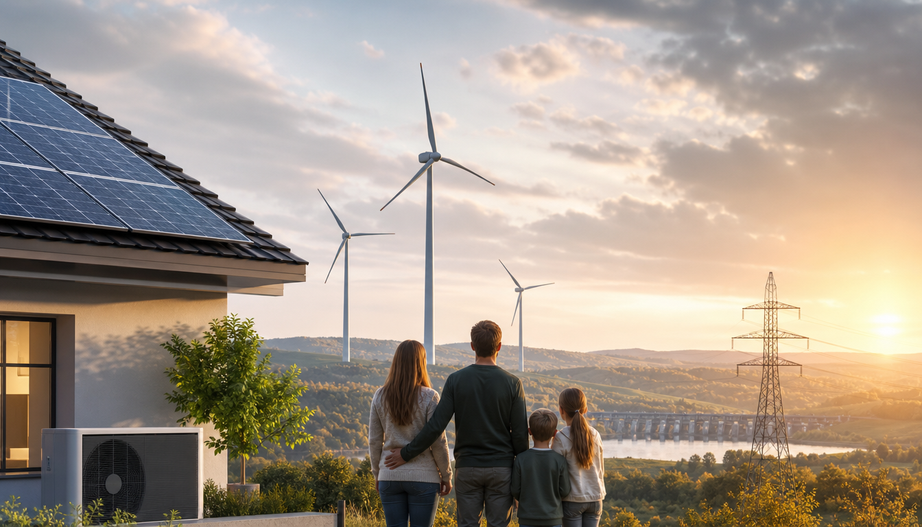Windkraftanlagen und Solarmodule auf einer deutschen Landschaft bei klarem Himmel, im Vordergrund Hochspannungsleitungen eines modernen Stromnetzes